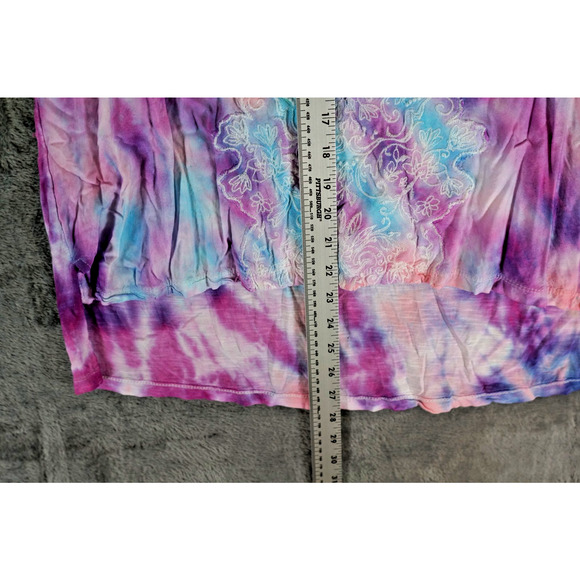 Gloria Vanderbilt Artisan Hand Dyed Purple Pink Lace Trim Tunic Tee M Floral Boh - Picture 4 of 8